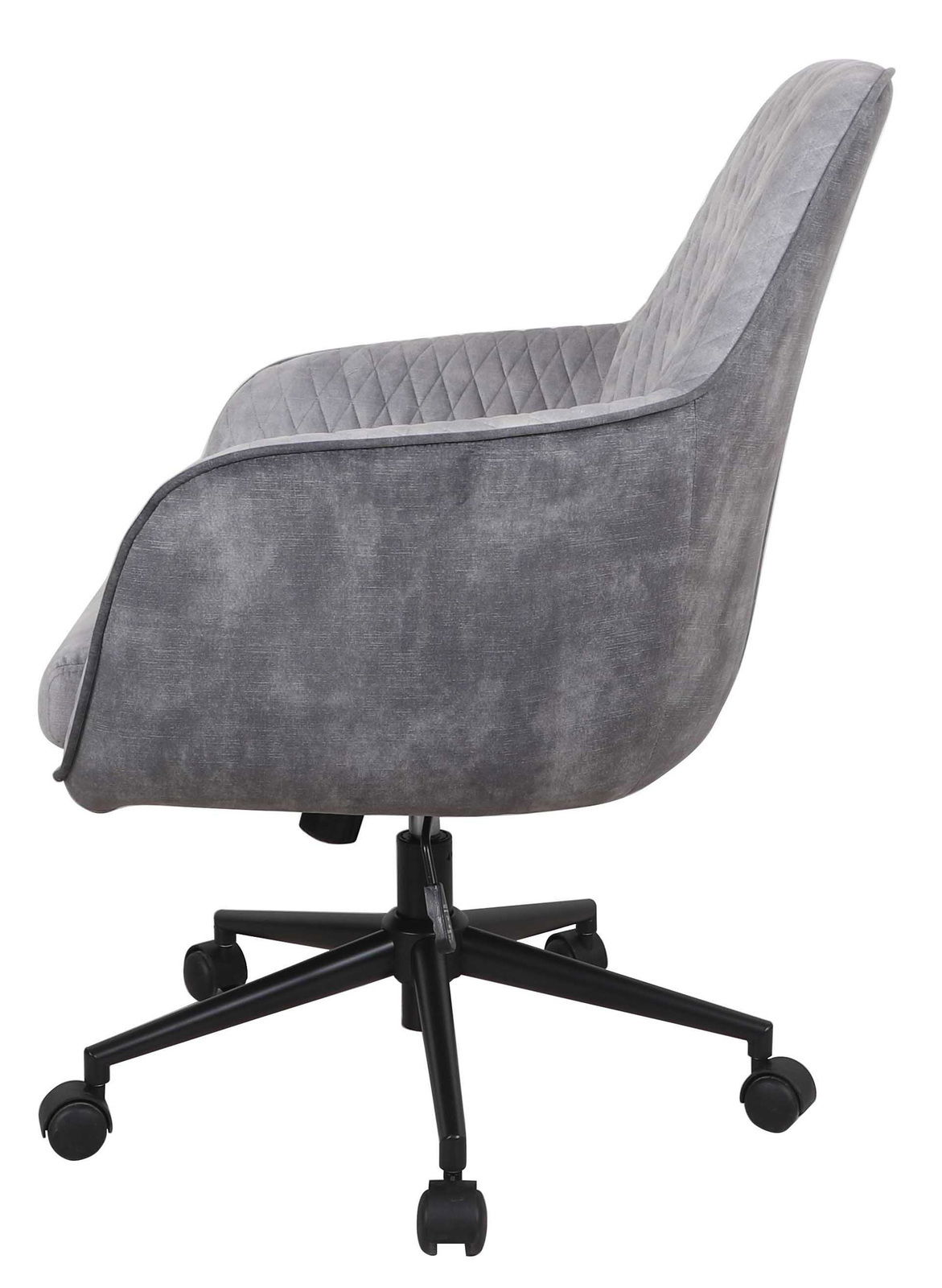 Grauer Drehstuhl mit gepolsterter Sitzfläche und Rückenlehne, seitliche Perspektive