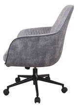 Grauer Drehstuhl mit gepolsterter Sitzfläche und Rückenlehne, seitliche Perspektive