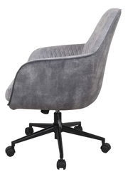 Grauer Drehstuhl mit gepolsterter Sitzfläche und Rückenlehne, seitliche Perspektive