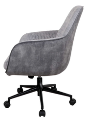 Grauer Drehstuhl mit gepolsterter Sitzfläche und Rückenlehne, seitliche Perspektive