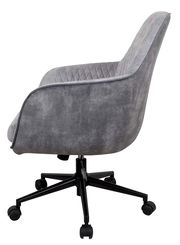 Grauer Drehstuhl mit gepolsterter Sitzfläche und Rückenlehne, seitliche Perspektive