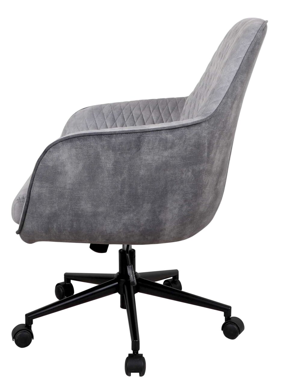 Grauer Drehstuhl mit gepolsterter Sitzfläche und Rückenlehne, seitliche Perspektive