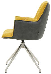 Moderner Sessel mit gelber Polsterung und grauer Rückseite, seitliche Perspektive, auf einem Metallgestell mit vier Beinen.