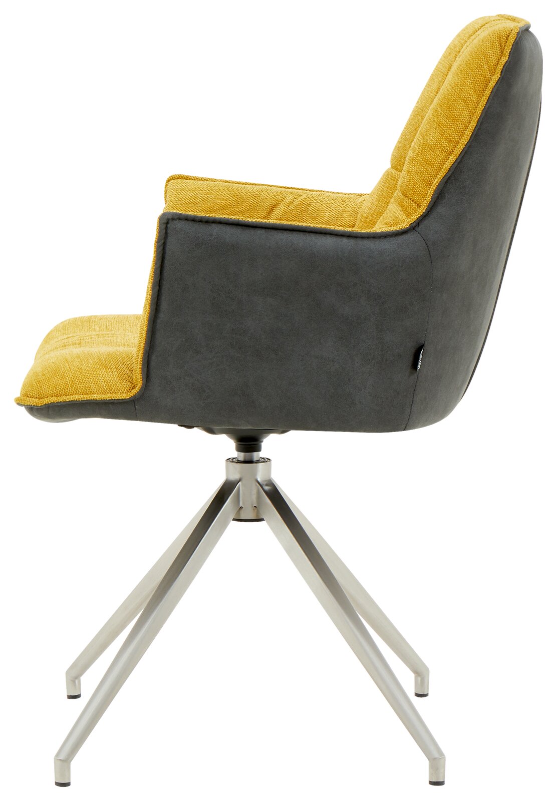 Moderner Sessel mit gelber Polsterung und grauer Rückseite, seitliche Perspektive, auf einem Metallgestell mit vier Beinen.