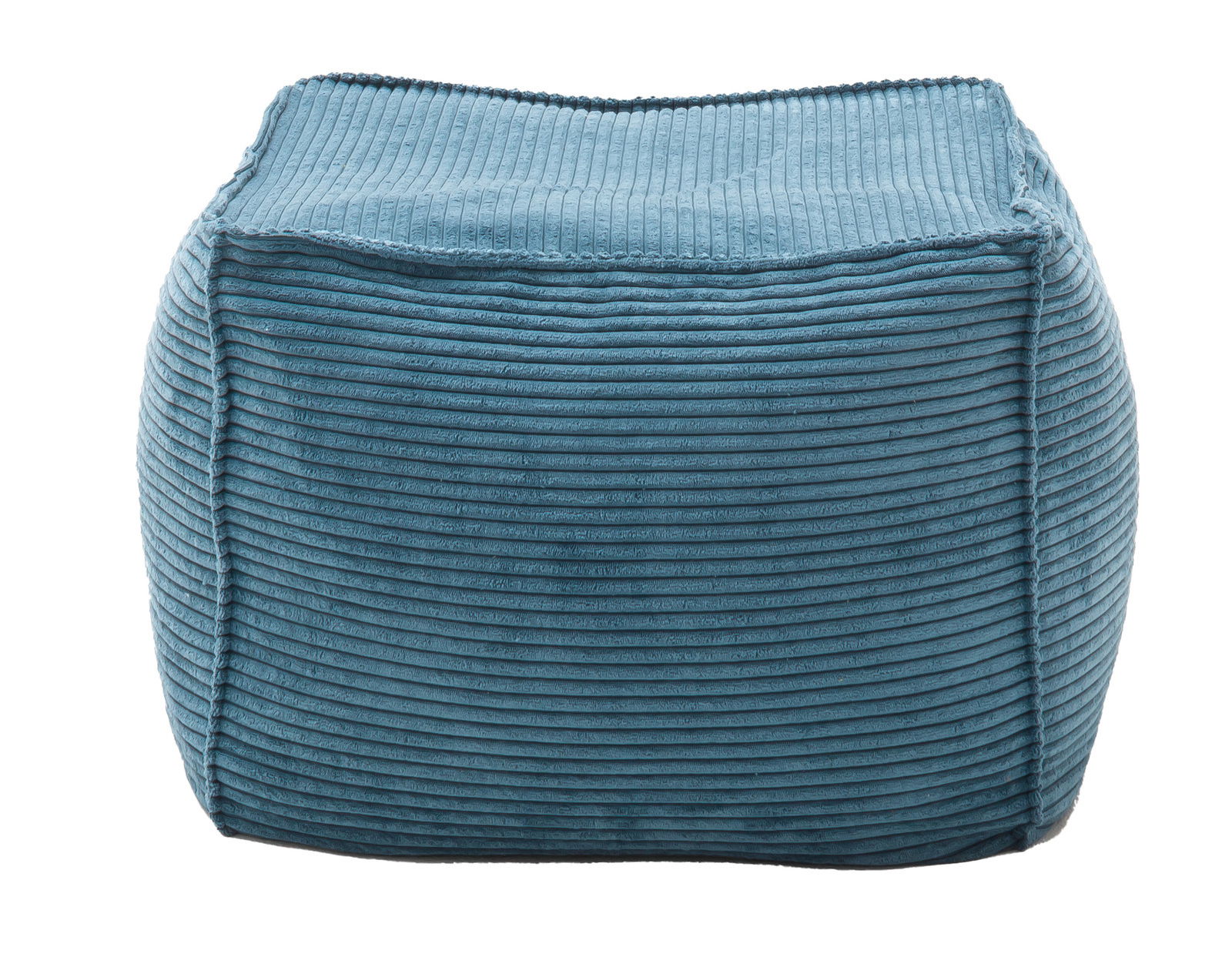 Quadratischer, mittelgroßer Hocker aus blauem, geripptem Stoff, frontal fotografiert.