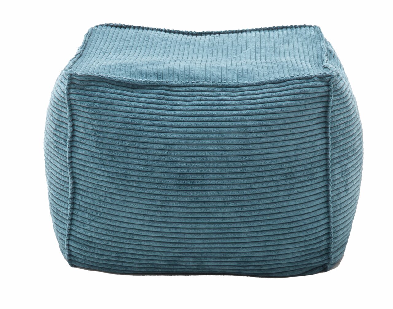 Quadratischer, mittelgroßer Hocker aus blauem, geripptem Stoff, frontal fotografiert.