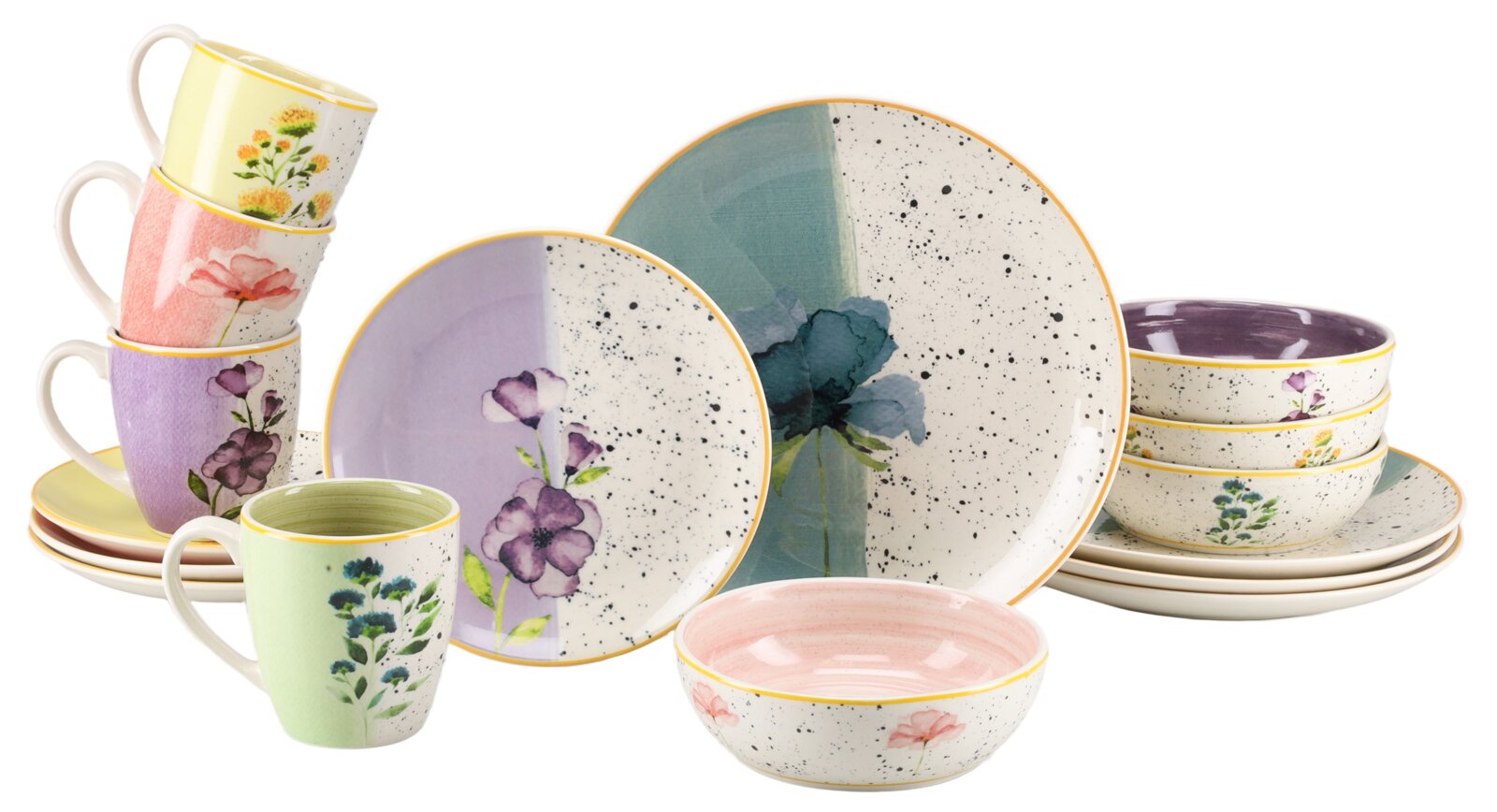 Farbenfrohes Geschirrset mit Tellern, Schalen und Tassen, verziert mit floralen Aquarellmotiven, schwarzen Sprenkeln und gelben Rändern, in frontaler Perspektive arrangiert