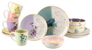 Farbenfrohes Geschirrset mit Tellern, Schalen und Tassen, verziert mit floralen Aquarellmotiven, schwarzen Sprenkeln und gelben Rändern, in frontaler Perspektive arrangiert