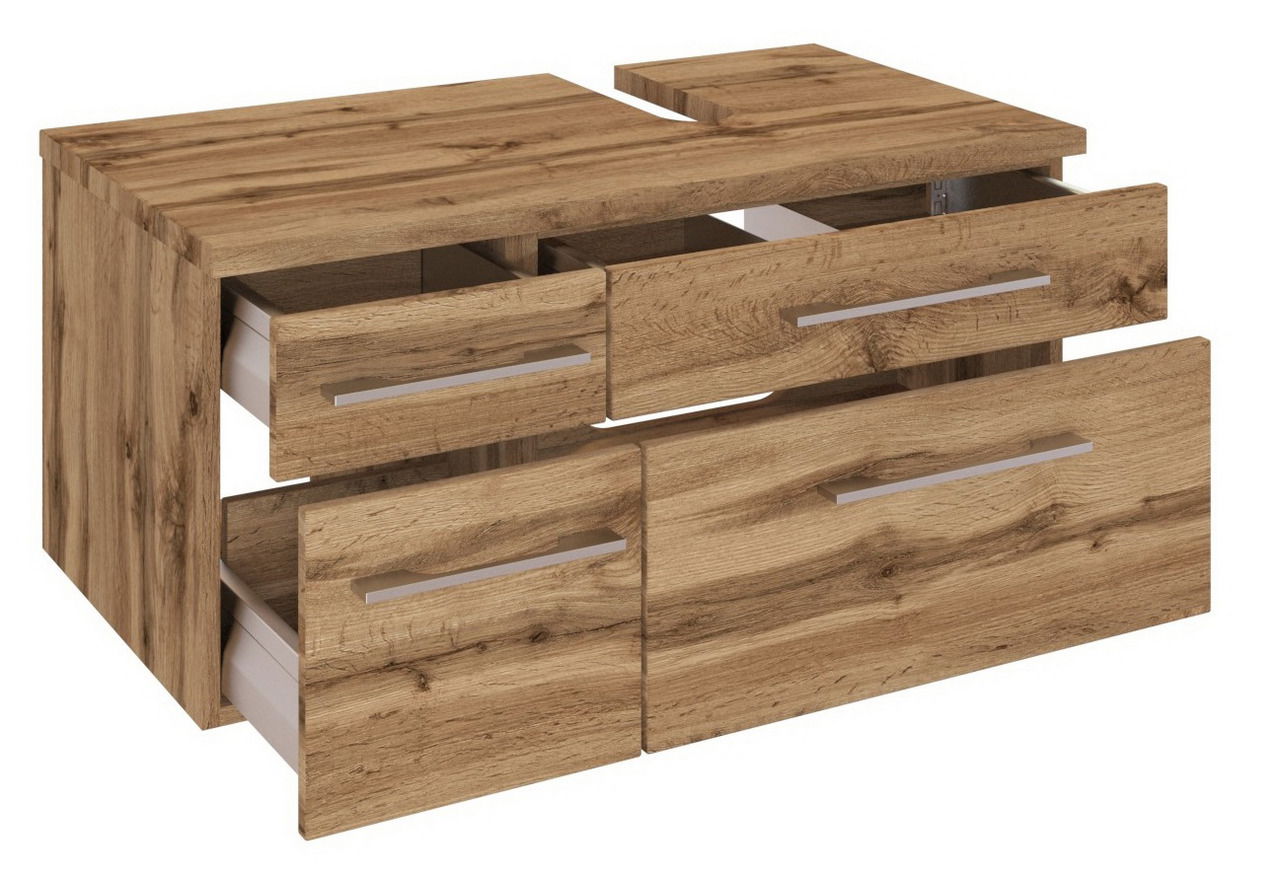 Waschbeckenunterschrank aus Holz mit vier Schubladen, geöffnete Perspektive von vorne rechts