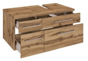 Houten wastafelonderkast met vier lades, open perspectief van rechtsvoor