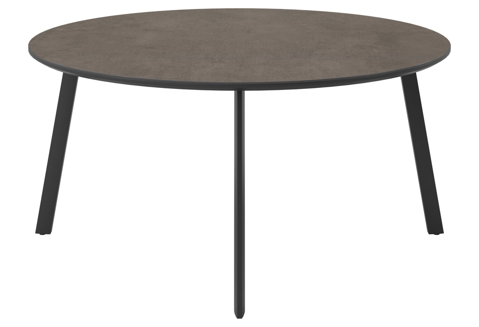Runder Gartentisch mit dunkler Tischplatte und schwarzen Beinen, seitliche Perspektive
