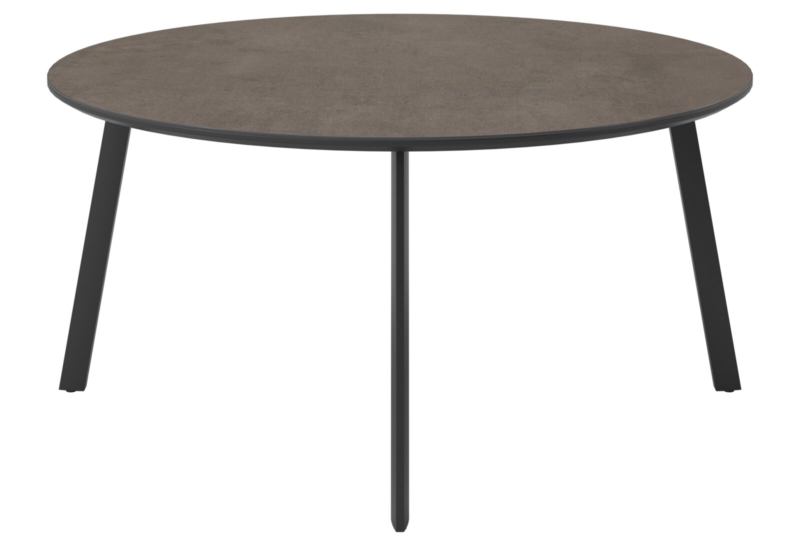 Runder Gartentisch mit dunkler Tischplatte und schwarzen Beinen, seitliche Perspektive