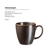 Dunkelbraune, gesprenkelte Keramik-Kaffeetasse mit Henkel (330 ml) vor weißem Hintergrund, Perspektive: frontale Seitenansicht mit leichtem Blick von oben auf den Rand.