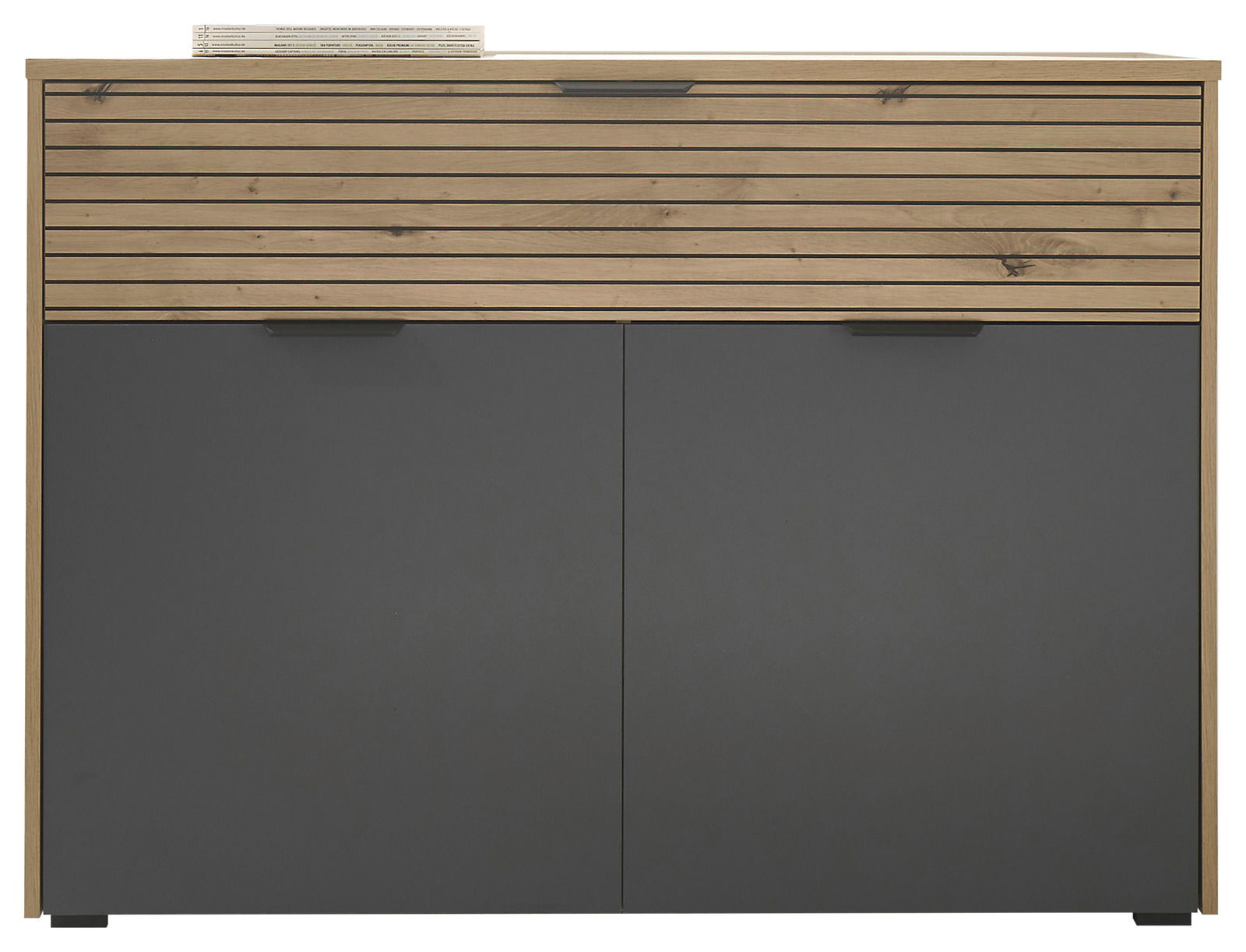 Moderne Kommode mit Holz- und Grautönen, frontale Ansicht