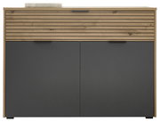 Moderne Kommode mit Holz- und Grautönen, frontale Ansicht