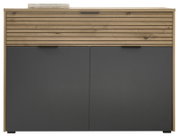 Moderne Kommode mit Holz- und Grautönen, frontale Ansicht