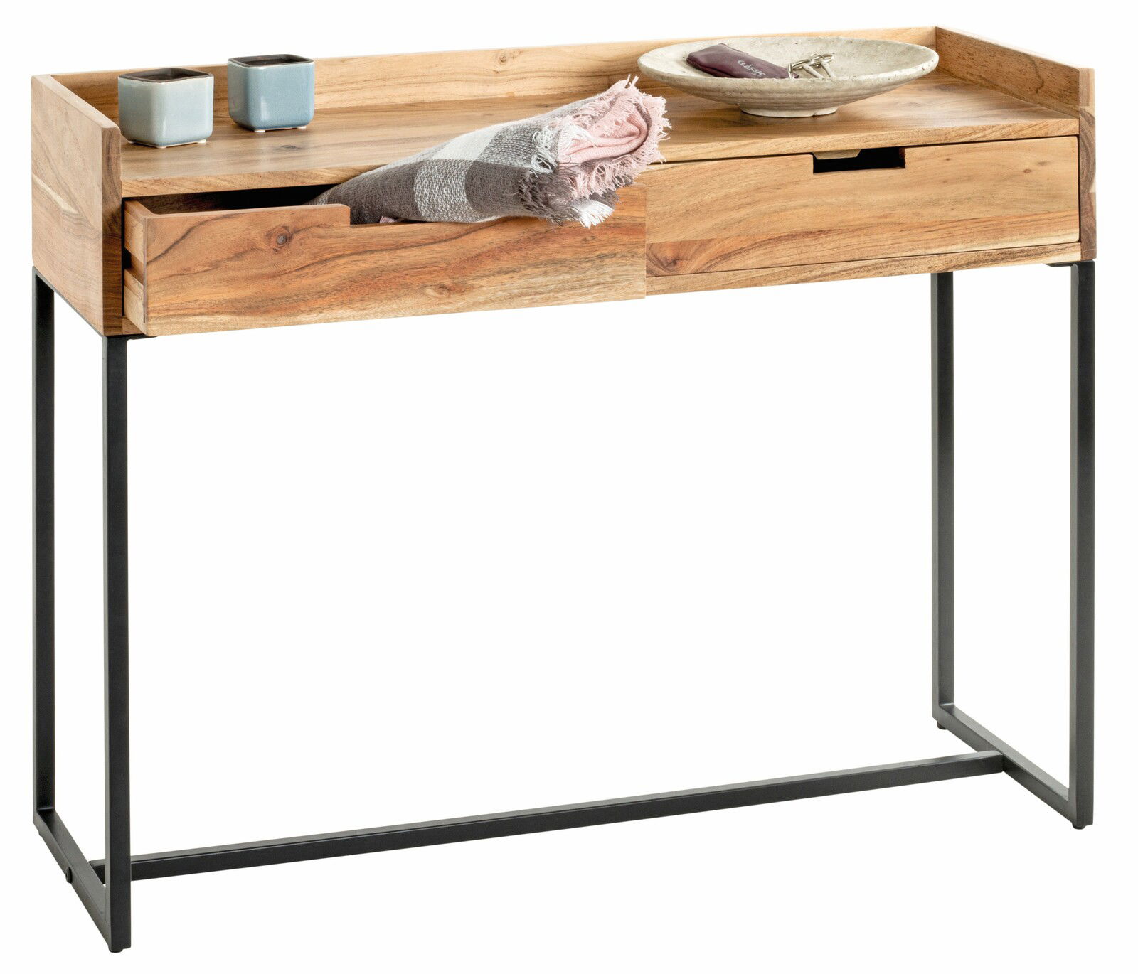 Holzkonsole mit zwei Schubladen und Metallgestell, seitliche Perspektive