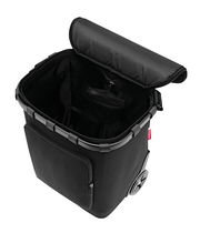 Schwarzer Carrycruiser Plus mit offenem Deckel, von oben betrachtet, zeigt Innenraum und Vordertasche.