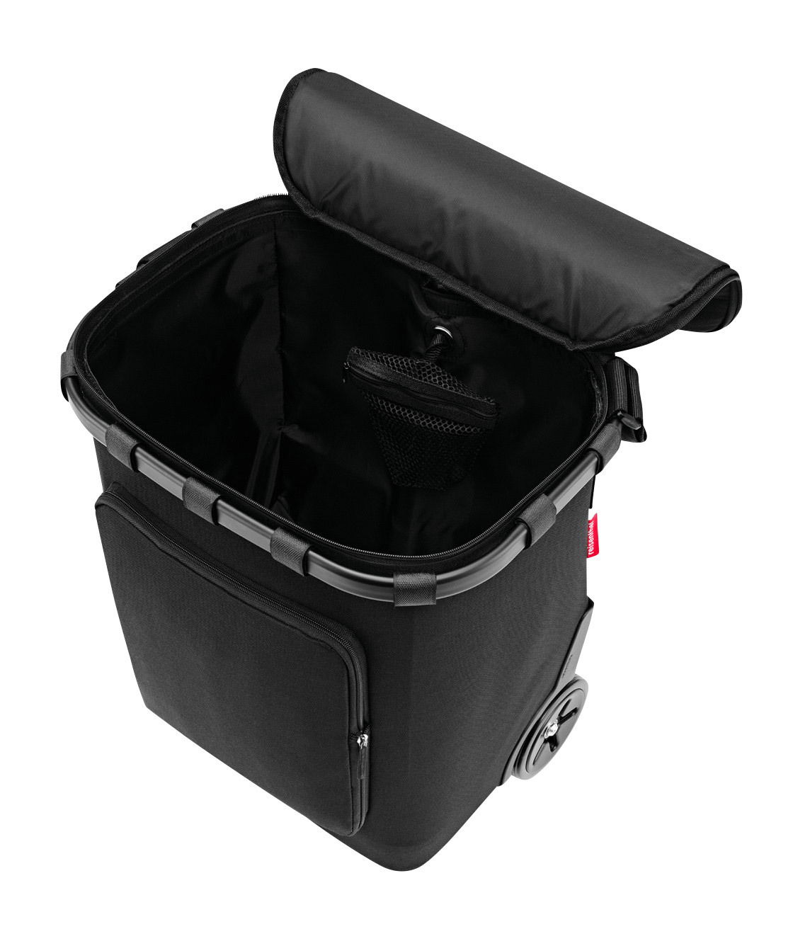 Schwarzer Carrycruiser Plus mit offenem Deckel, von oben betrachtet, zeigt Innenraum und Vordertasche.