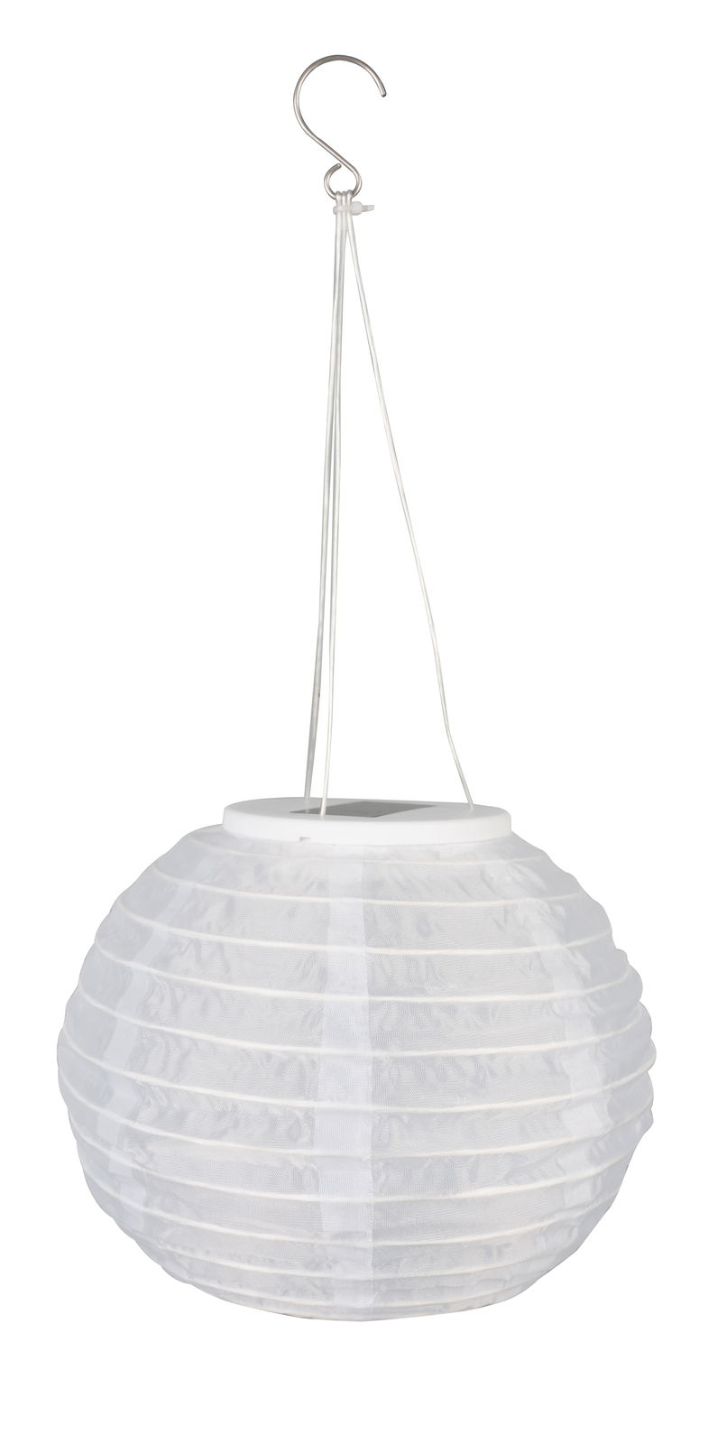 Weiße, runde Solarleuchte mit Haken, seitliche Perspektive