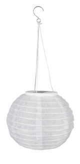 Weiße, runde Solarleuchte mit Haken, seitliche Perspektive