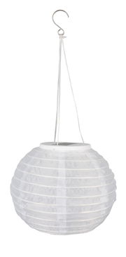 Weiße, runde Solarleuchte mit Haken, seitliche Perspektive