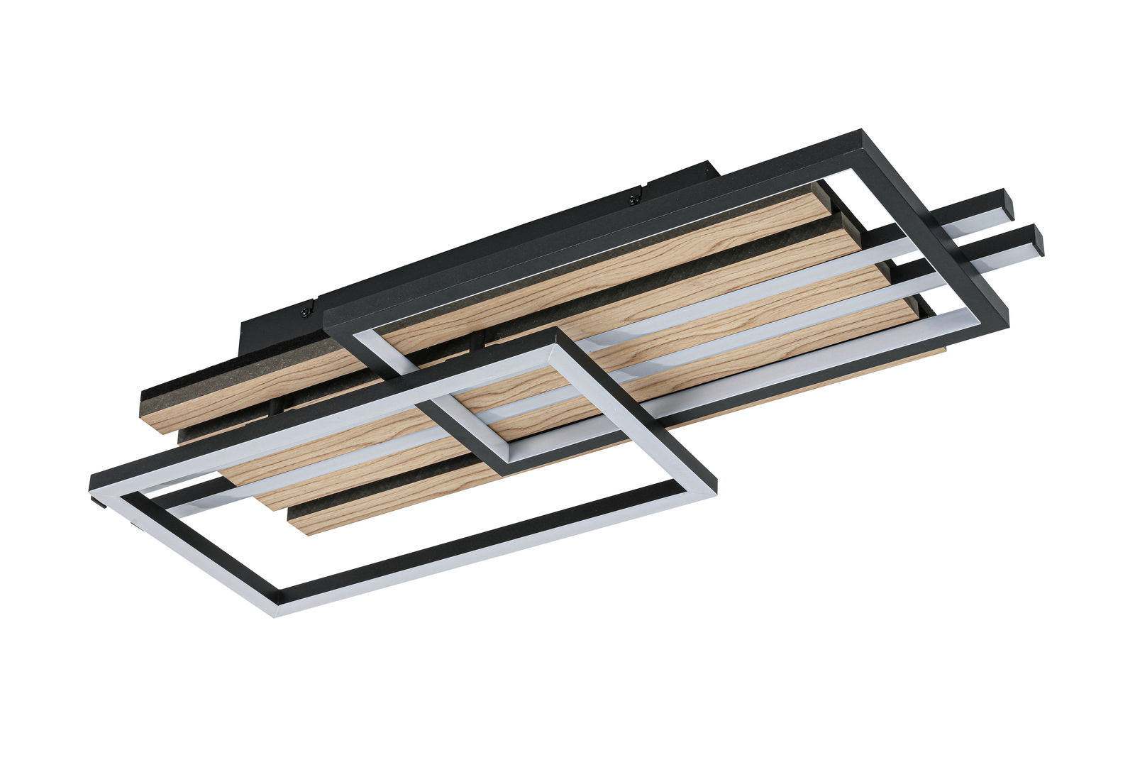 Moderne LED-Deckenleuchte mit geometrischem Design aus Holz und Metall, seitliche Perspektive