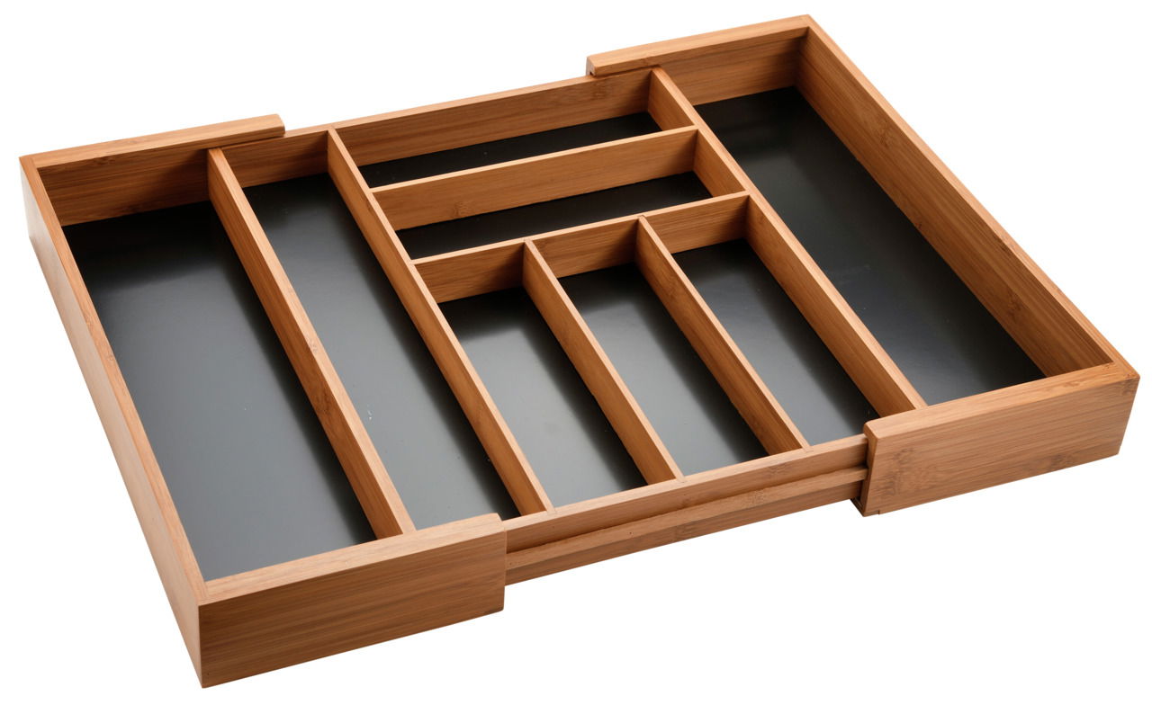 Variabler Besteckkasten aus dunklem Holz mit mehreren Fächern, von oben betrachtet.
