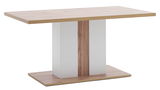 Moderner Esstisch mit Holzoptik und weißem Mittelteil, seitliche Perspektive