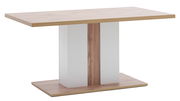 Moderner Esstisch mit Holzoptik und weißem Mittelteil, seitliche Perspektive