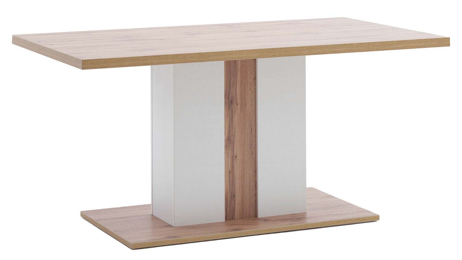 Moderner Esstisch mit Holzoptik und weißem Mittelteil, seitliche Perspektive