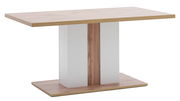 Moderner Esstisch mit Holzoptik und weißem Mittelteil, seitliche Perspektive