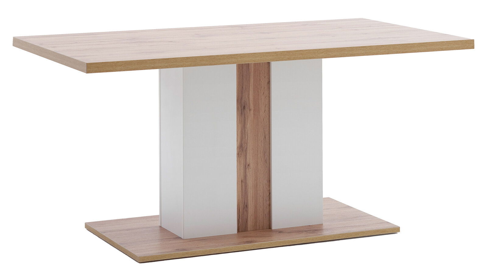 Moderner Esstisch mit Holzoptik und weißem Mittelteil, seitliche Perspektive