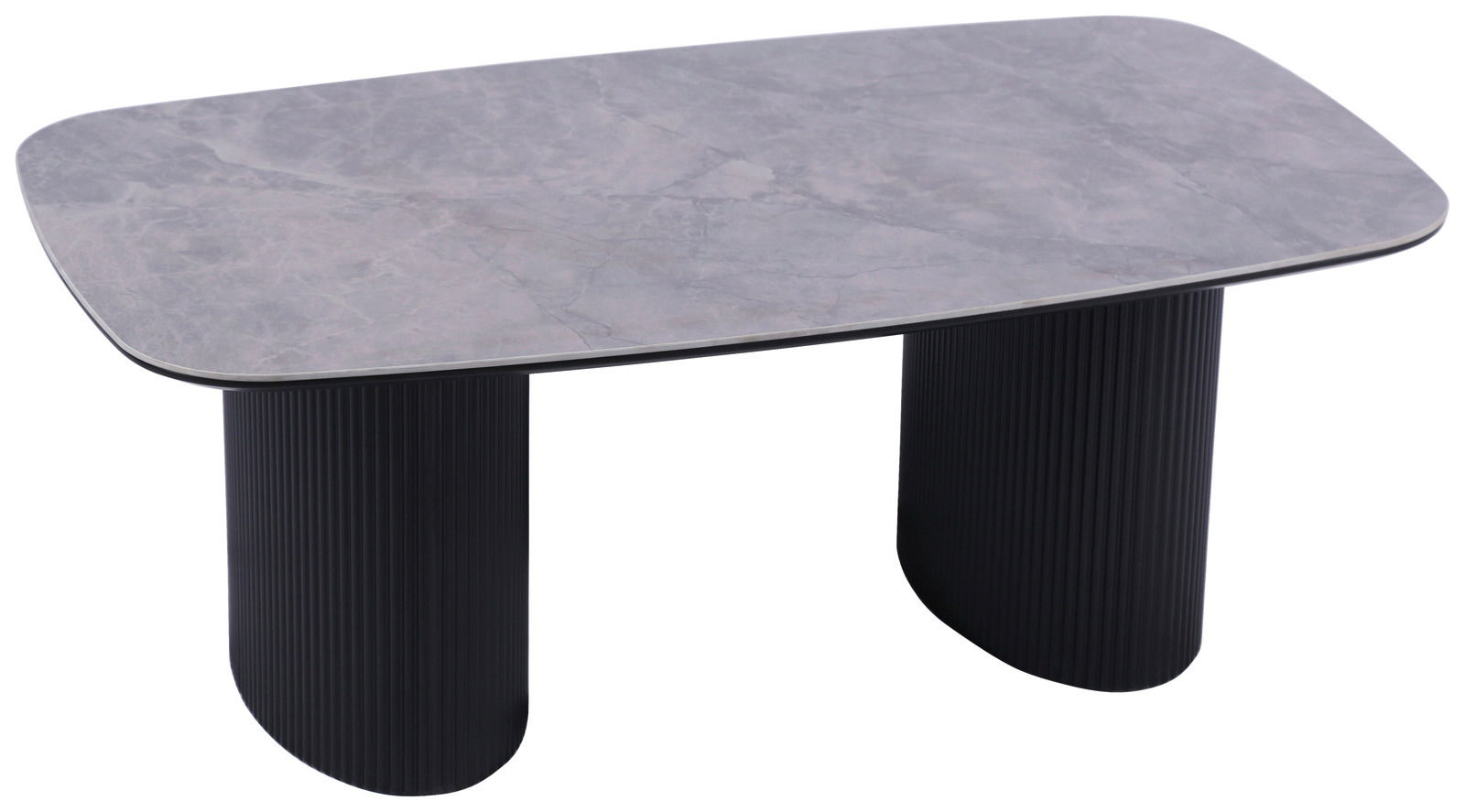 Moderner Couchtisch mit grauer Marmoroptik-Oberfläche und schwarzen, geriffelten Beinen, seitliche Perspektive