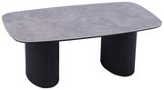 Moderner Couchtisch mit grauer Marmoroptik-Oberfläche und schwarzen, geriffelten Beinen, seitliche Perspektive
