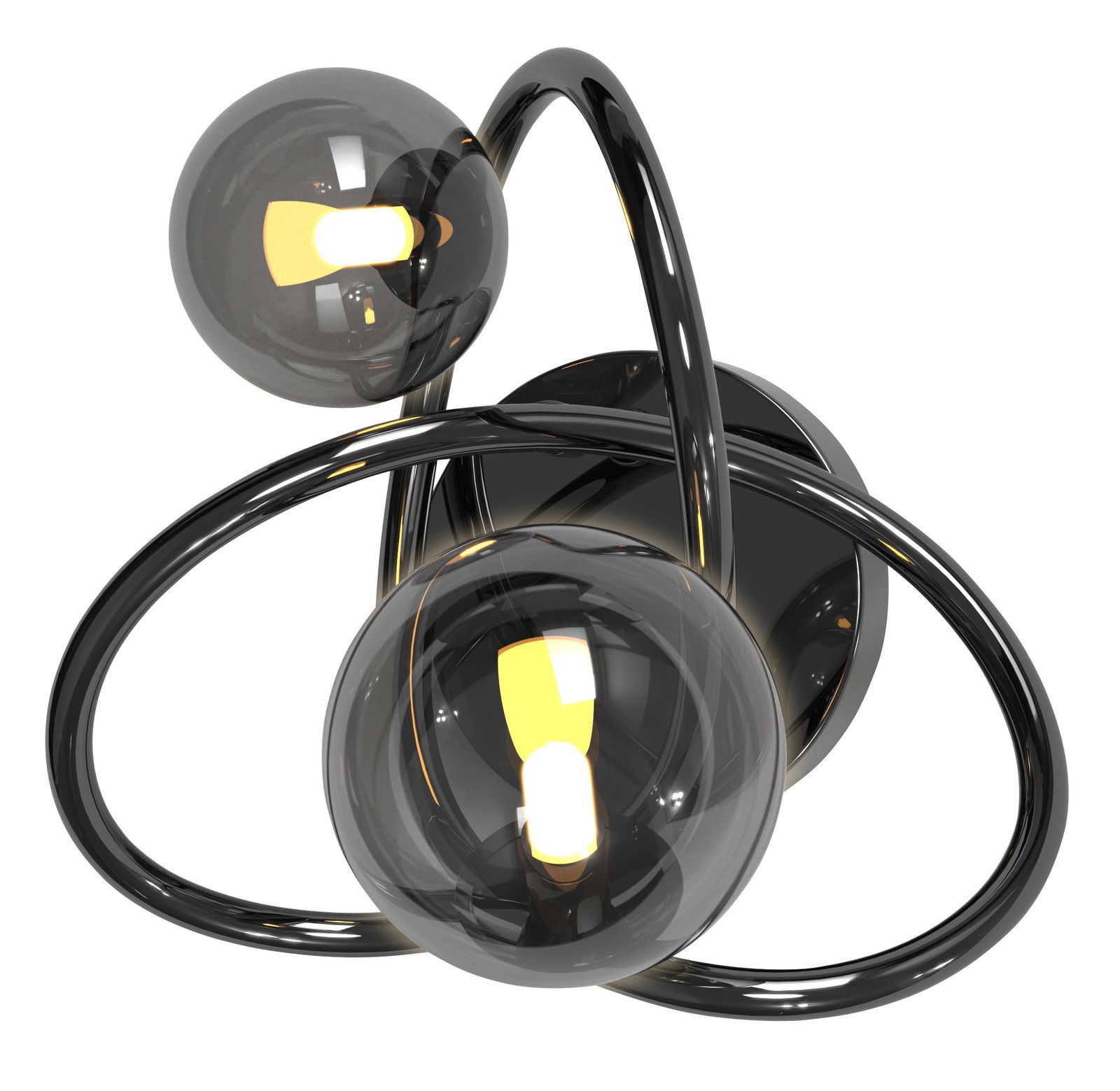 Moderne Wandleuchte Nancy mit zwei kugelförmigen Glaskörpern und geschwungenem Metallrahmen, seitliche Perspektive