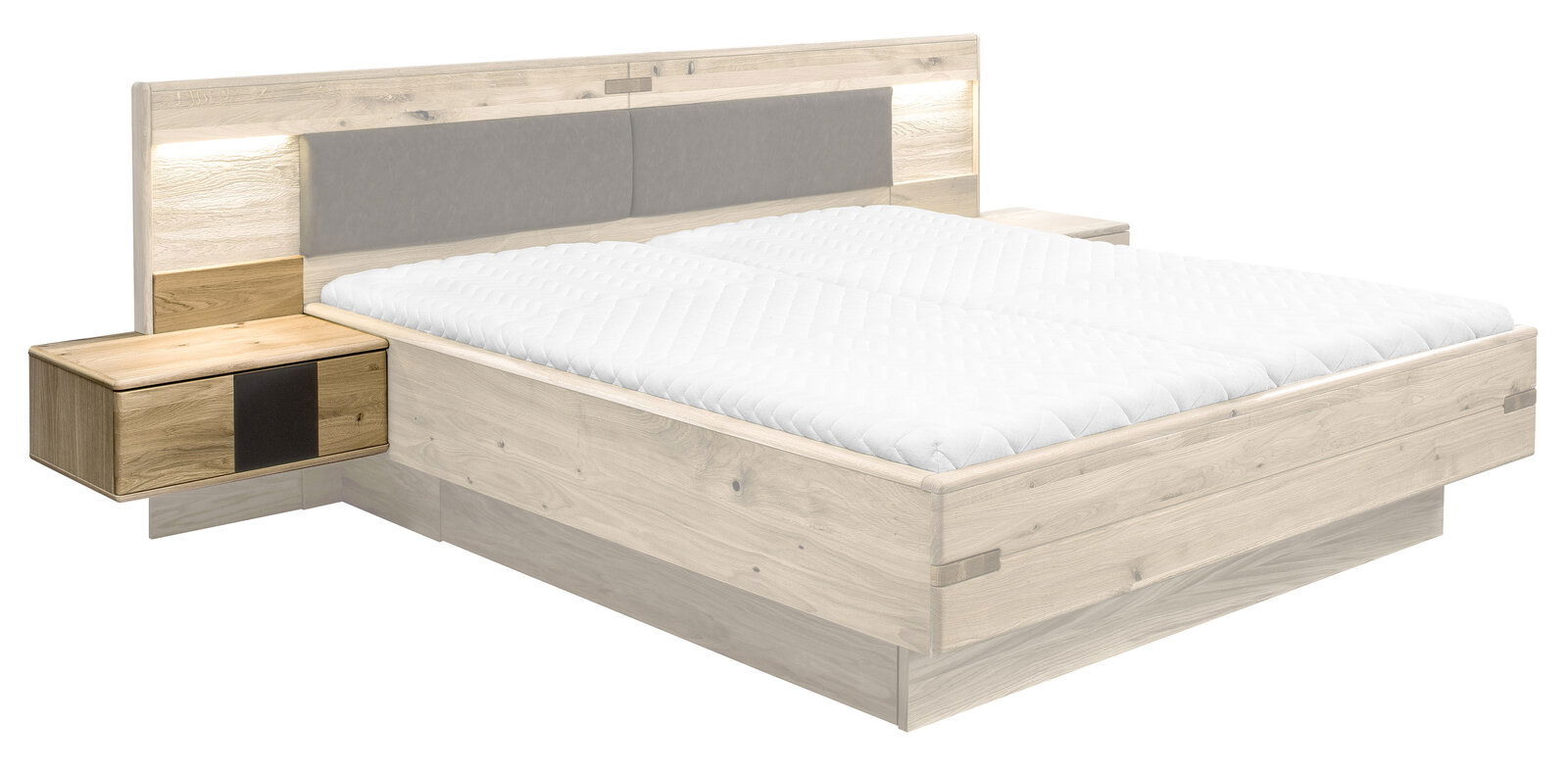 Linea Natura Nachtkonsole links TABILO Nachtkonsole links in Holzoptik, montiert an einem Bettgestell, seitliche Perspektive