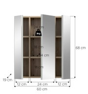 Weißer Spiegelschrank mit drei Türen und Holzdekor-Innenfächern, geöffnet in Frontalansicht; Maße ca. 60 x 68 x 19 cm, Fachhöhen 24/18/18 cm, Fach­tiefe 14 cm, Tragkraft 3 kg.
