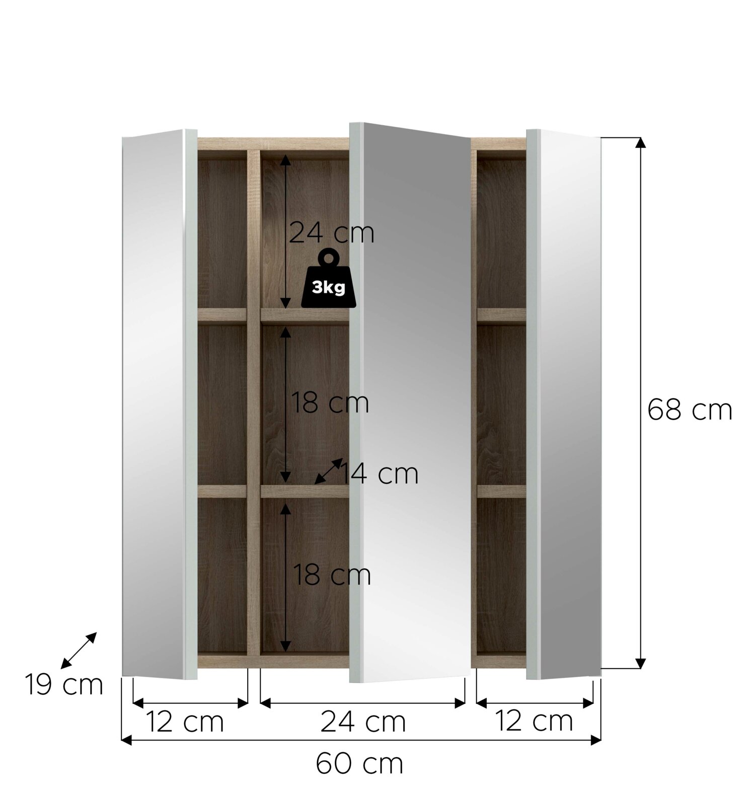 Weißer Spiegelschrank mit drei Türen und Holzdekor-Innenfächern, geöffnet in Frontalansicht; Maße ca. 60 x 68 x 19 cm, Fachhöhen 24/18/18 cm, Fach­tiefe 14 cm, Tragkraft 3 kg.