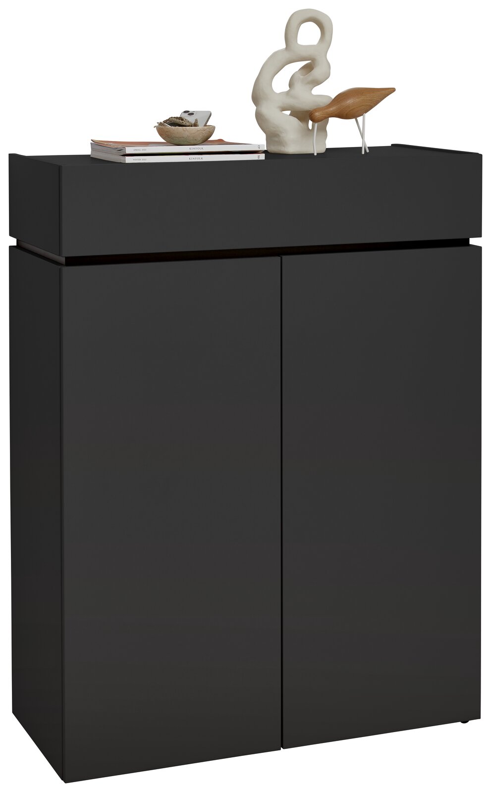 Voleo Schuhschrank UNIQUE Schwarzer Schuhschrank H121 mit zwei Türen, dekoriert mit modernen Skulpturen und Büchern, Frontalansicht