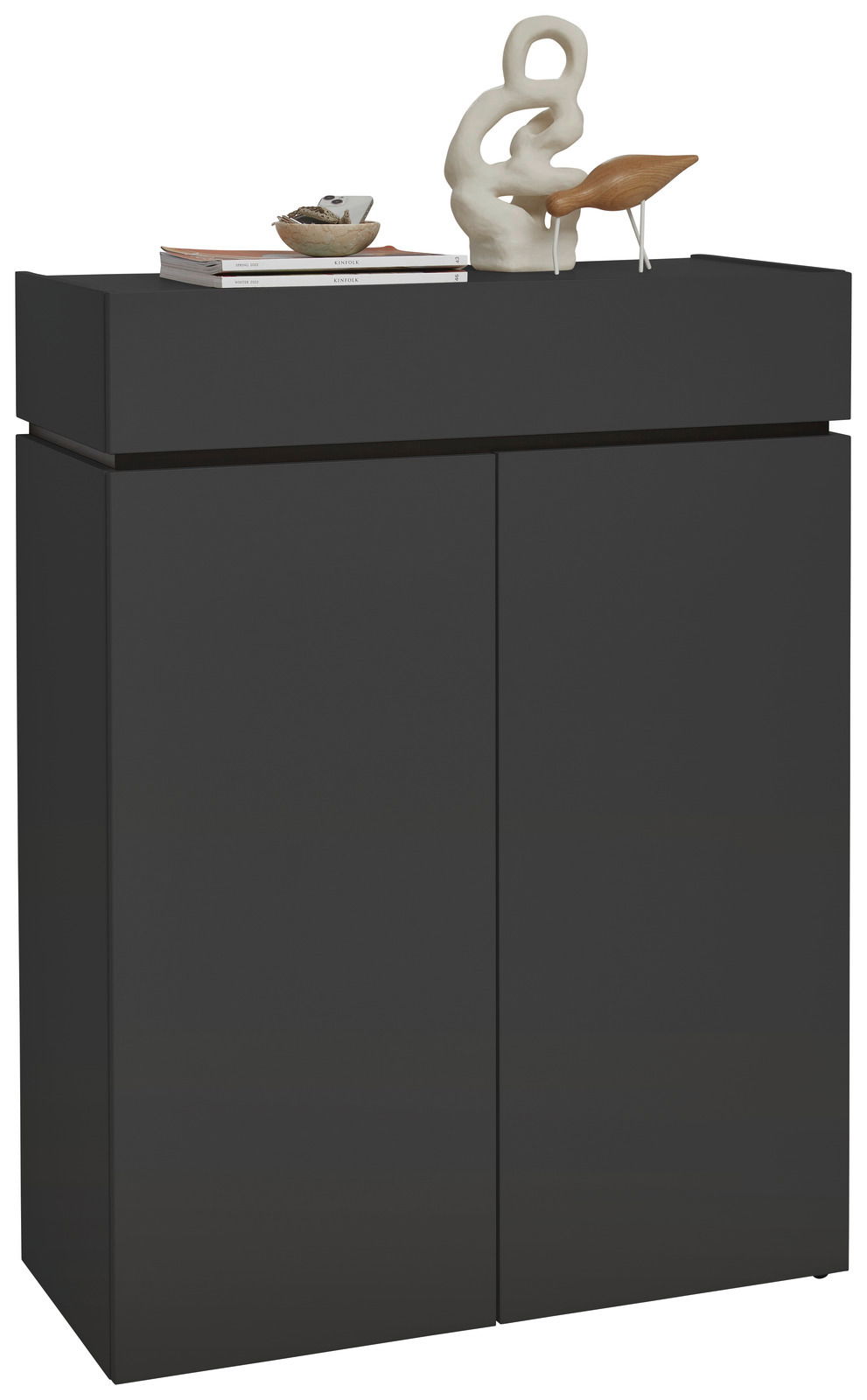 Schwarzer Schuhschrank H121 mit zwei Türen, dekoriert mit modernen Skulpturen und Büchern, Frontalansicht