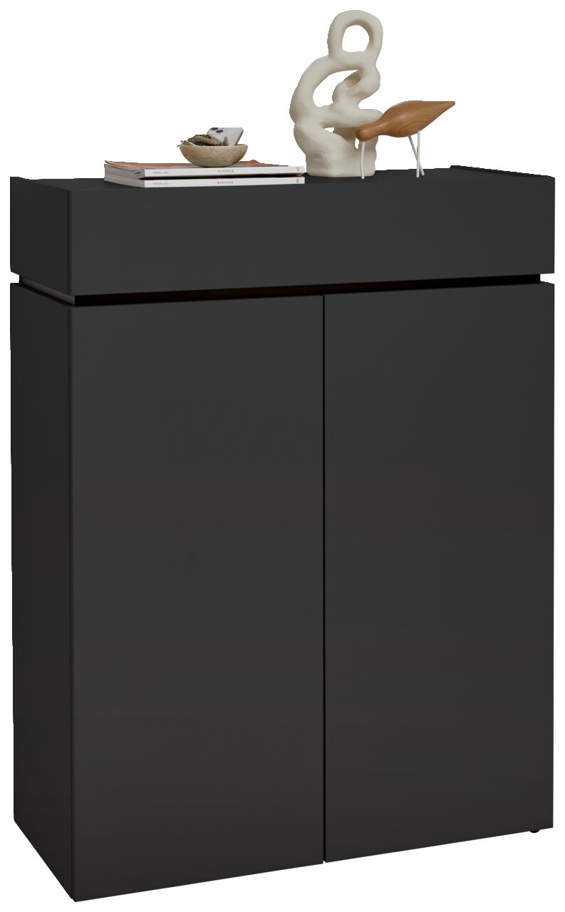 Voleo Schuhschrank UNIQUE Schwarzer Schuhschrank H121 mit zwei Türen, dekoriert mit modernen Skulpturen und Büchern, Frontalansicht