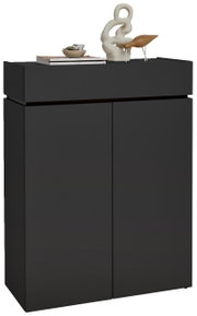 Schwarzer Schuhschrank H121 mit zwei Türen, dekoriert mit modernen Skulpturen und Büchern, Frontalansicht