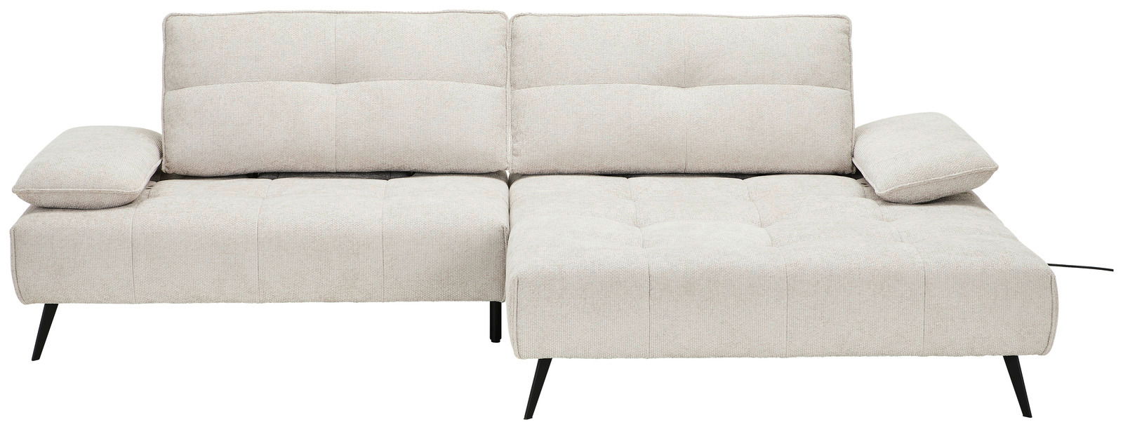 Beige Longchairkombination mit zwei Rückenkissen und schwarzen Beinen, Frontalansicht