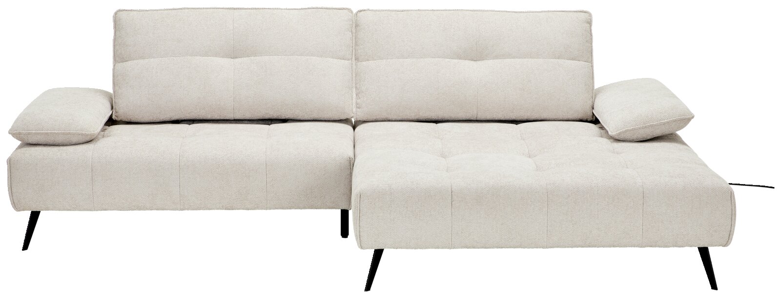 Beige ligbankcombinatie met twee rugkussens en zwarte poten, vooraanzicht