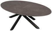 Ovaler Couchtisch mit dunkler Marmoroptik und schrägen schwarzen Beinen, seitliche Perspektive