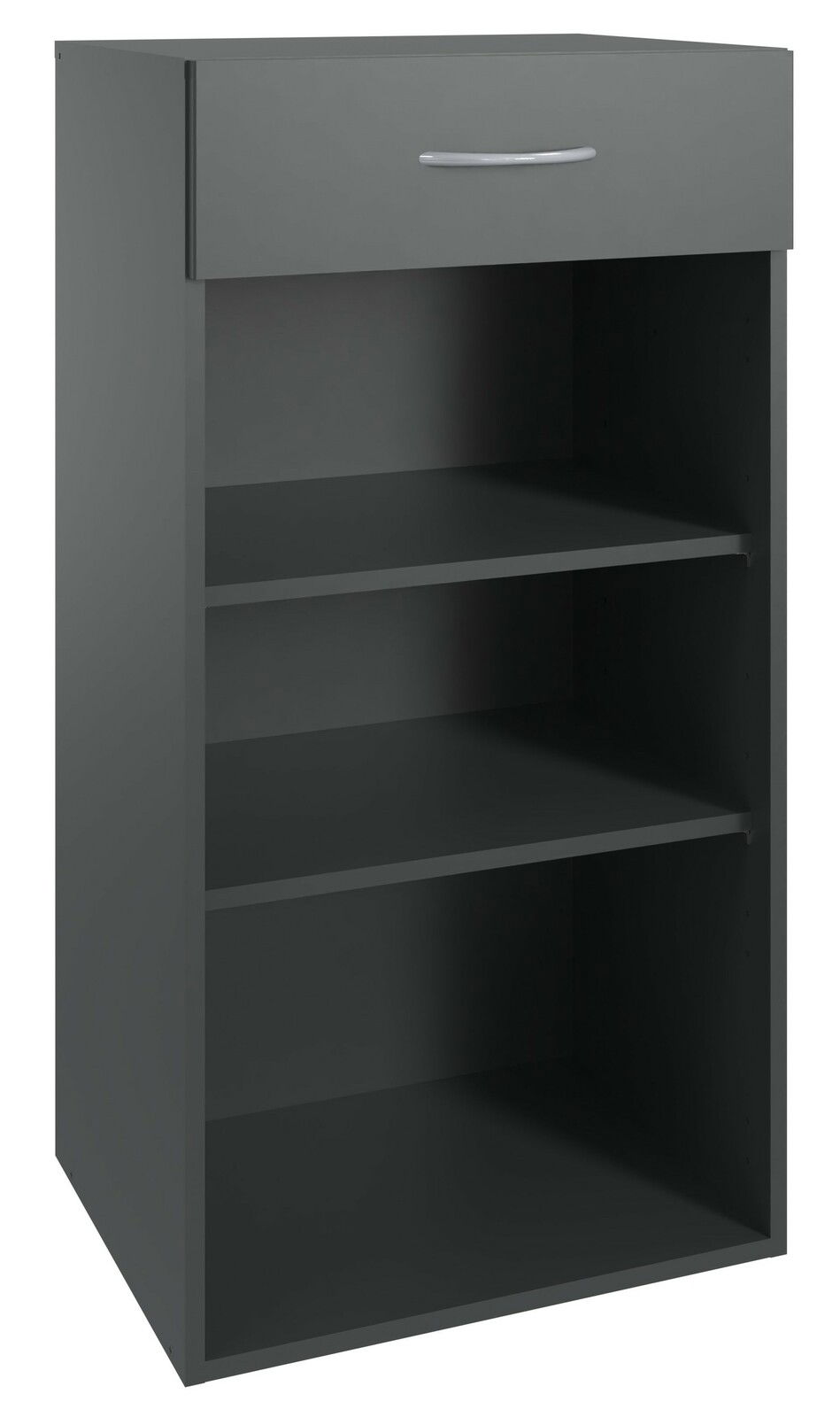 Graues niedriges Regal mit drei offenen Fächern und einer Schublade, Vorderansicht