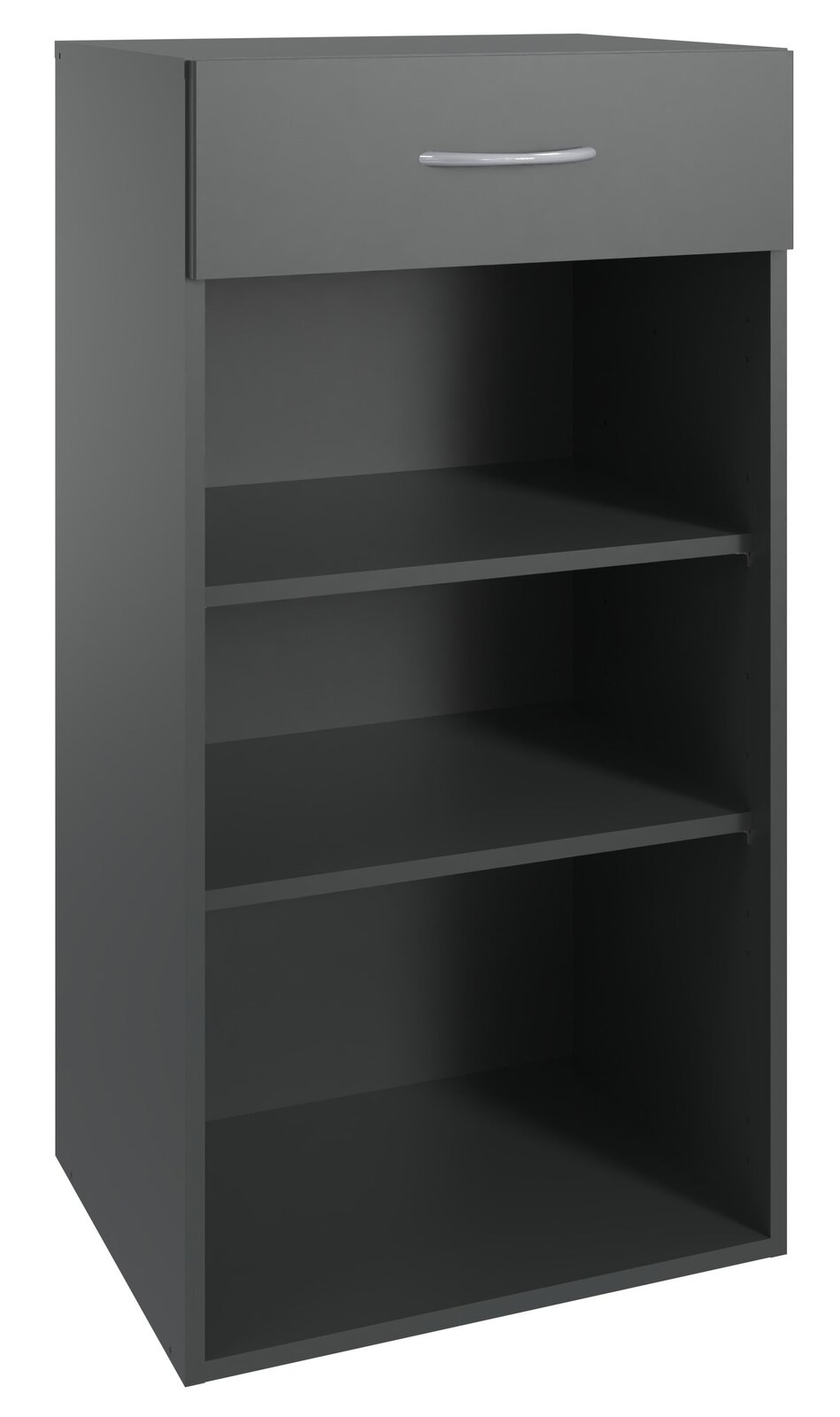 XORA Regal niedrig MULTIRAUMKONZEPT Graues niedriges Regal mit drei offenen Fächern und einer Schublade, Vorderansicht