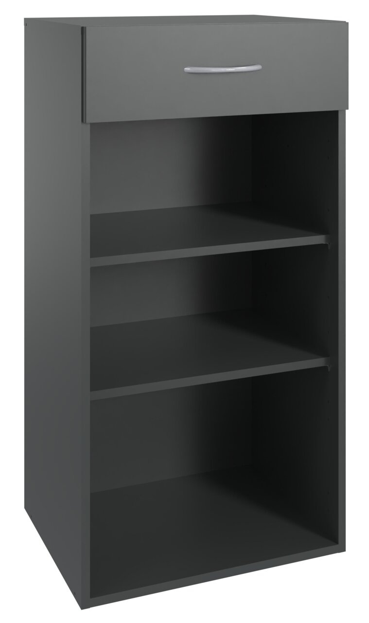 XORA Regal niedrig MULTIRAUMKONZEPT Graues niedriges Regal mit drei offenen Fächern und einer Schublade, Vorderansicht