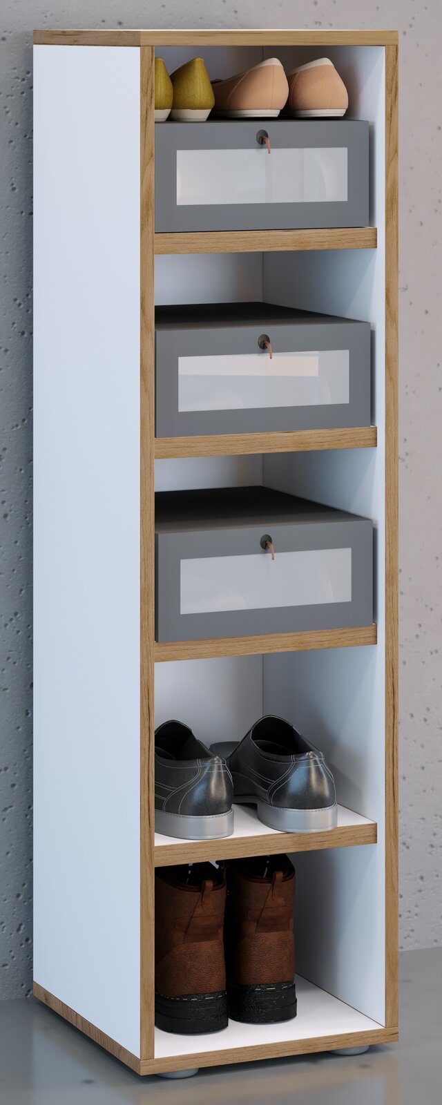 Schmaler Schuhschrank mit Holzrahmen und weißen Seiten, drei grauen Schubladen mit Sichtfenster und Lederschlaufe sowie offenen Fächern mit Schuhen, frontal in leichter Schrägansicht von vorn.